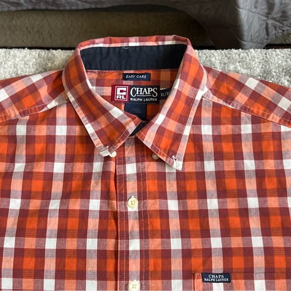 Chaps Ralph Lauren Button Shirt Easy Care Short Sleeves Orange Plaid Men Size XL - Picture 3 of 7